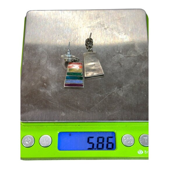 Peru Peruvian Flag Rainbow Gemstone Inlay Sterling Silver 950 Drop Earrings VTG - Picture 6 of 7